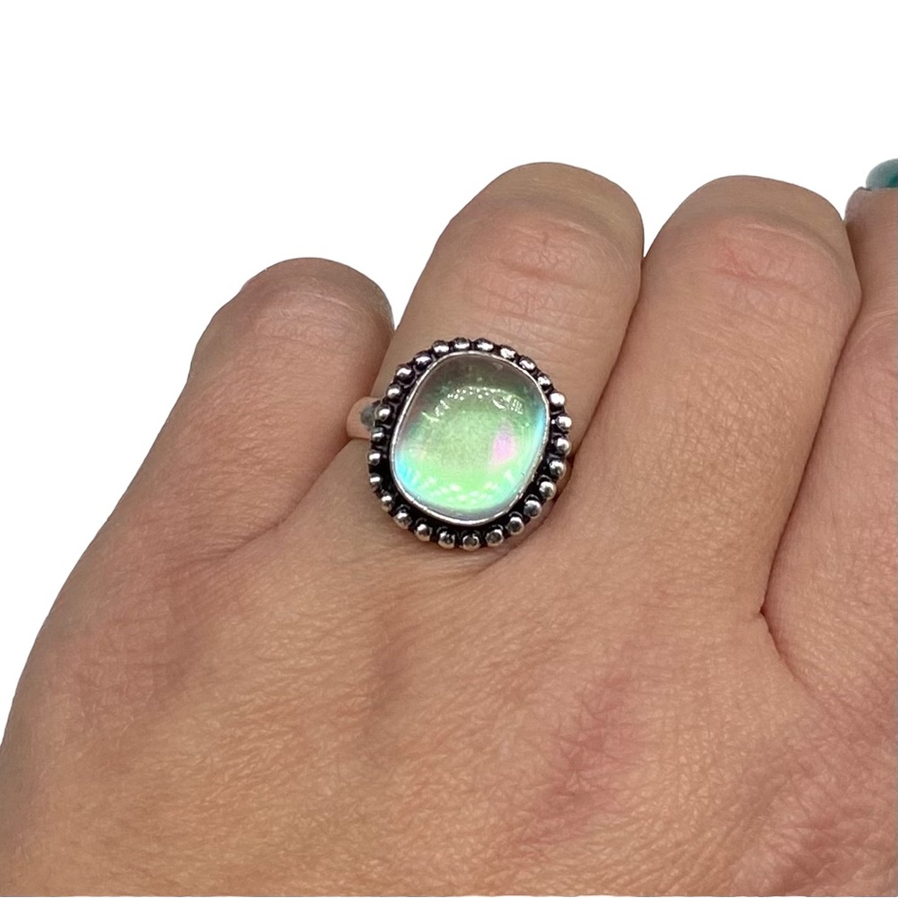 Artisan Iridescent Opal-Like Stone Silver Beaded Ring